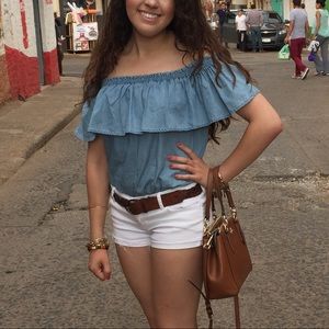 EXPRESS Blue off the shoulder Top with Front Tie